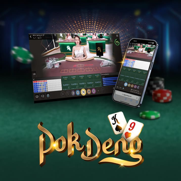 Image for an online Pok Deng game featuring a dealer at a casino table on the left and a mobile interface on the right. The text 'POK DENG' is prominently displayed at the bottom, with colorful poker chips and game cards surrounding the scene.