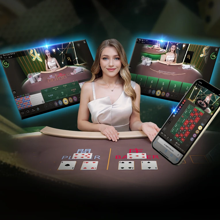 A graphic showcasing 'SA Gaming' with a woman in a red dress at the center. Surrounding her are two screens displaying online blackjack tables and a smartphone with game graphics. The background features a casino setting.