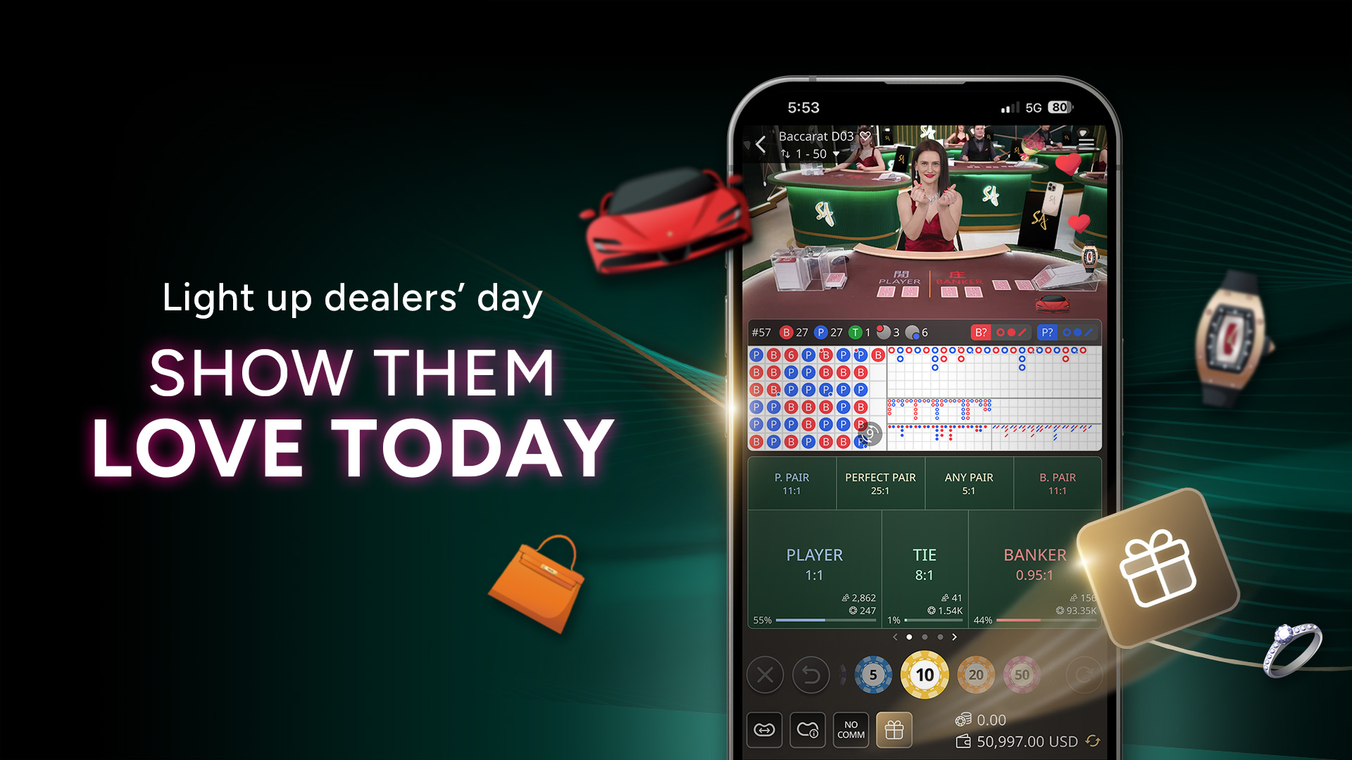 Image showing screenshot of a dealer doing gestures of hearts with her fingers