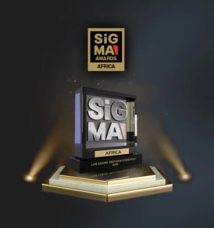 A trophy with soft spotlights featuring the text 'SiGMA Awards Africa' and 'Live Casino Provider Rising Star 2025' against dark background.